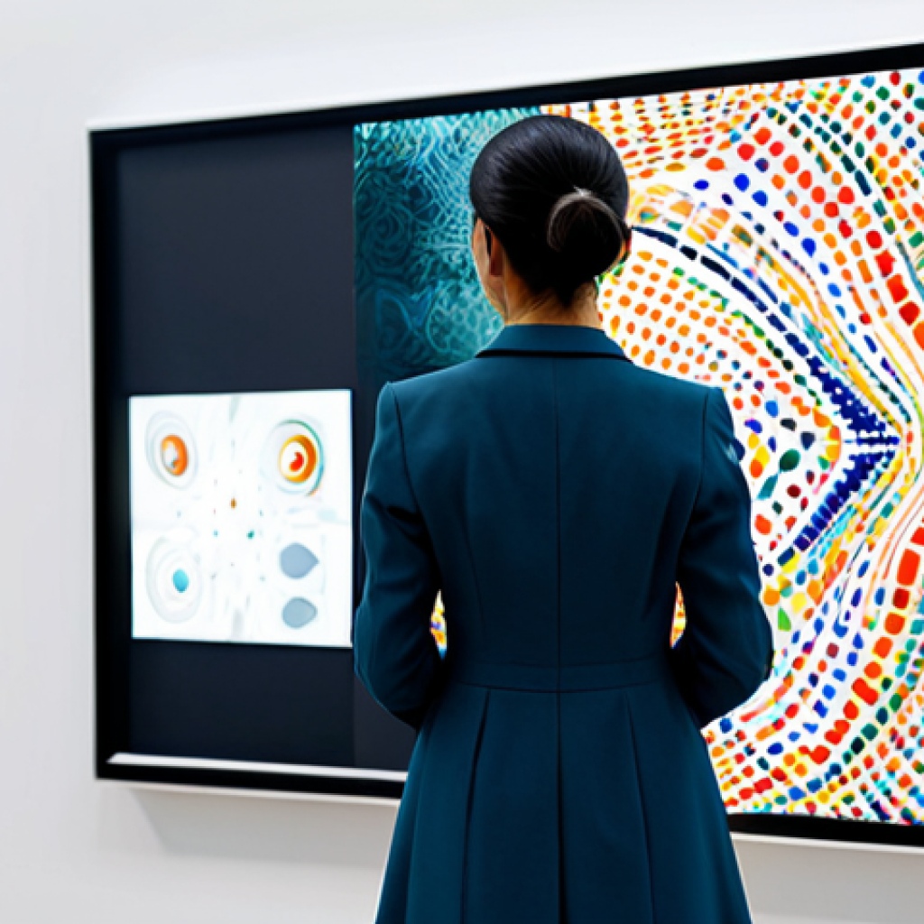 A contemplative professional artist, a woman of Latin American descent, in modest, professional business attire, stands in a modern, minimalistic art studio. She gazes reflectively at a large, transparent digital screen displaying abstract, vibrant patterns generated by AI, while her hand hovers over a traditional canvas with a half-finished painting. The lighting is soft and contemplative, highlighting the blurred line between human touch and algorithmic creation, symbolizing the complex question of authorship in the AI era. Fully clothed, appropriate content, professional dress, perfect anatomy, natural pose, well-formed hands, proper finger count, natural body proportions, high-quality, safe for work.