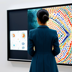 A contemplative professional artist, a woman of Latin American descent, in modest, professional business attire, stands in a modern, minimalistic art studio. She gazes reflectively at a large, transparent digital screen displaying abstract, vibrant patterns generated by AI, while her hand hovers over a traditional canvas with a half-finished painting. The lighting is soft and contemplative, highlighting the blurred line between human touch and algorithmic creation, symbolizing the complex question of authorship in the AI era. Fully clothed, appropriate content, professional dress, perfect anatomy, natural pose, well-formed hands, proper finger count, natural body proportions, high-quality, safe for work.