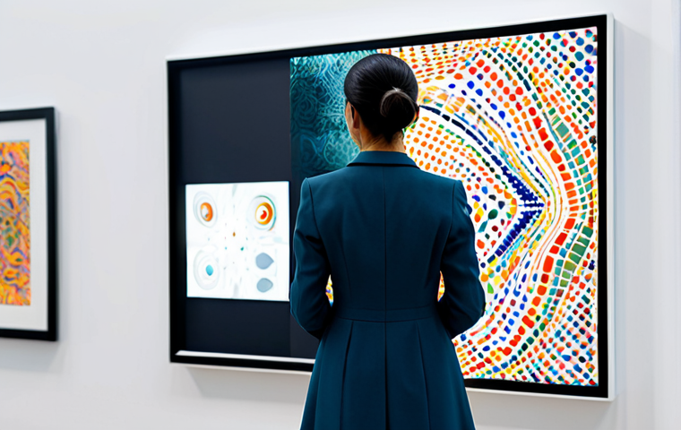 A contemplative professional artist, a woman of Latin American descent, in modest, professional business attire, stands in a modern, minimalistic art studio. She gazes reflectively at a large, transparent digital screen displaying abstract, vibrant patterns generated by AI, while her hand hovers over a traditional canvas with a half-finished painting. The lighting is soft and contemplative, highlighting the blurred line between human touch and algorithmic creation, symbolizing the complex question of authorship in the AI era. Fully clothed, appropriate content, professional dress, perfect anatomy, natural pose, well-formed hands, proper finger count, natural body proportions, high-quality, safe for work.
