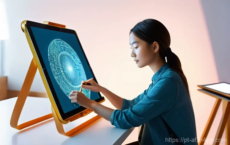AI 창작물 저작권 문제를 위한 법적 조언 - **Prompt: Human-AI Creative Harmony**
"A cozy, sunlit art studio where a young female artist, wi...