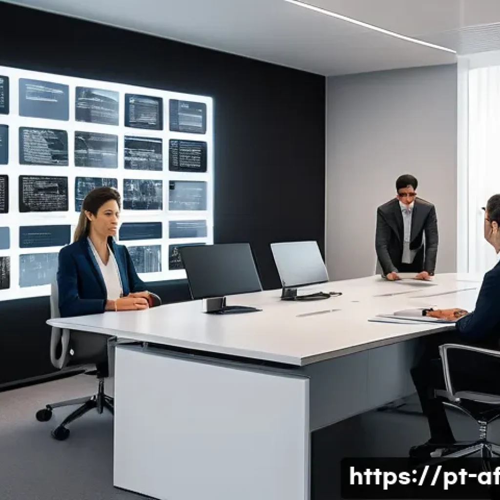 AI와 저작권 법적 대응 방안 - A modern digital legal office scene showing a diverse group of professionals—lawyers and tech expert...