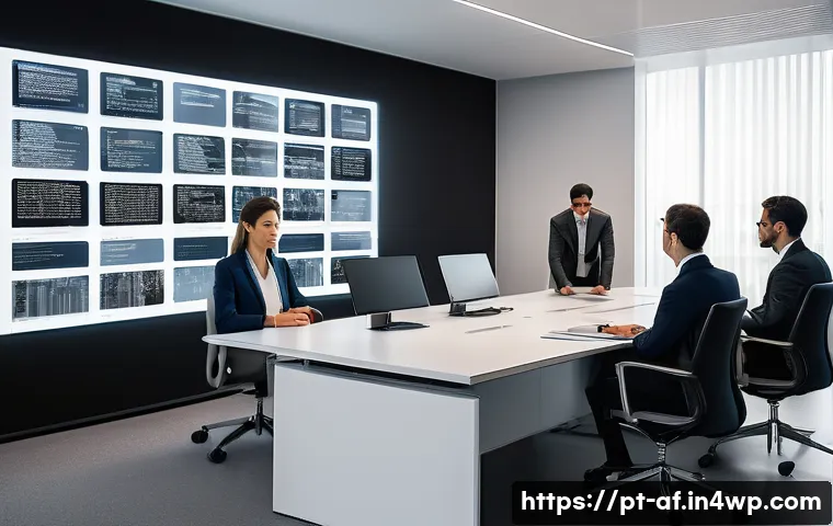 AI와 저작권 법적 대응 방안 - A modern digital legal office scene showing a diverse group of professionals—lawyers and tech expert...