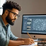 Home 18 AI와 저작권 실무자를 위한 가이드 - A professional digital artist in a modern Brazilian studio, working on a computer with AI-assisted c...