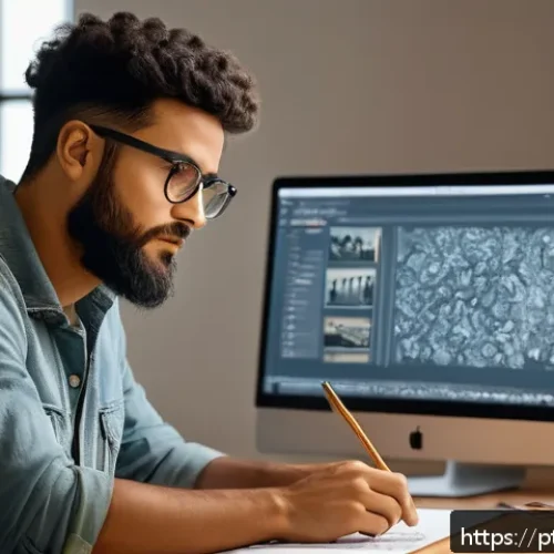 Home 30 AI와 저작권 실무자를 위한 가이드 - A professional digital artist in a modern Brazilian studio, working on a computer with AI-assisted c...