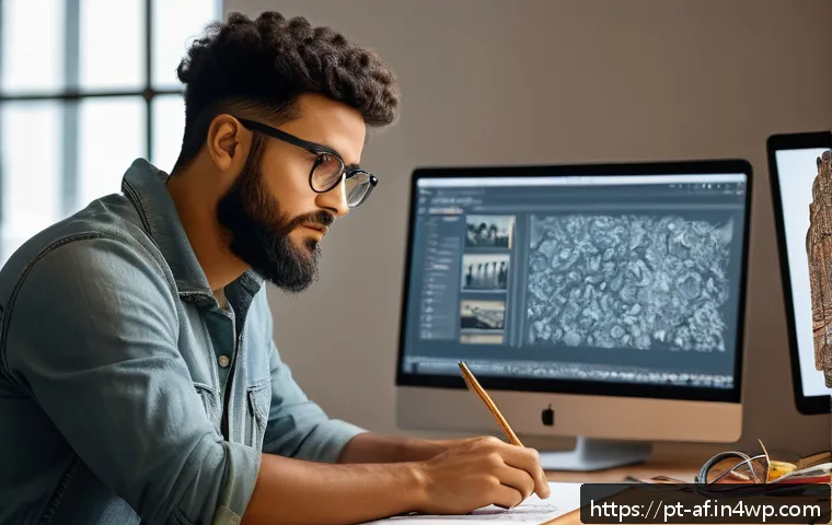 AI와 저작권 실무자를 위한 가이드 - A professional digital artist in a modern Brazilian studio, working on a computer with AI-assisted c...