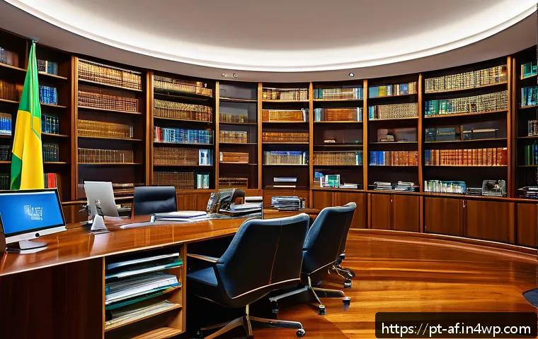 AI 기반 창작물 저작권의 법적 해석 - A modern Brazilian legal office interior with diverse professionals discussing intellectual property...