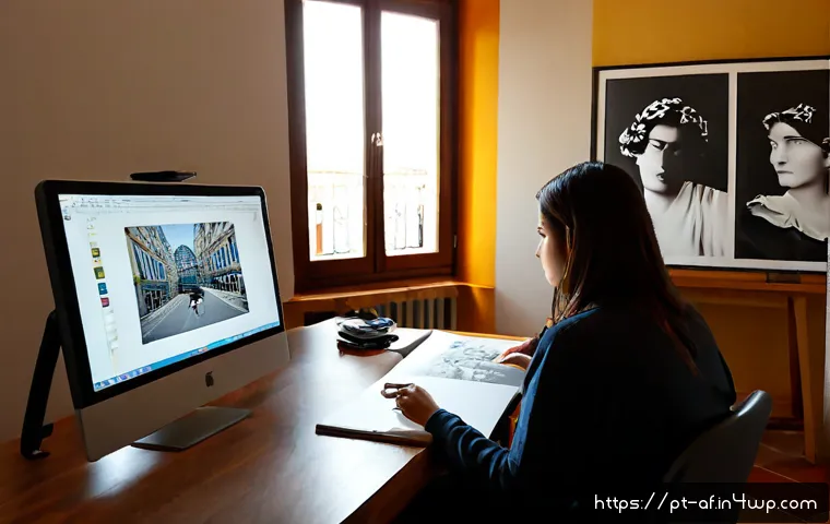 Home 17 AI 창작물 저작권의 새로운 트렌드 - Photorealistic editorial workspace in Lisbon, Portugal, showing a Portuguese digital artist reviewin...